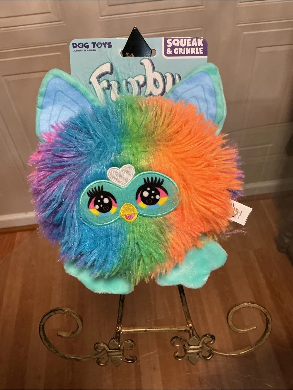 Furby Dog Toy Rainbow Plush Squeak & Crinkle | Colorful Pet Toy | 8”